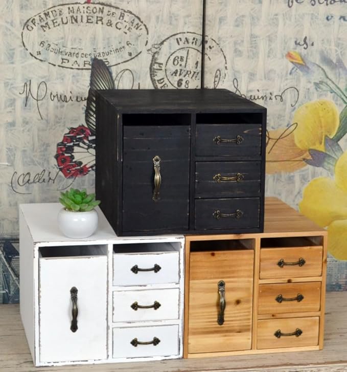 Juleduo Rustic Beauty Organizer 4 Drawers - kitchen storage Wooden Cosmetic Storage Box for Neat & Home Office Desk &Organize &Storing of Makeup Tools,Bathroom Counter-top(Black, L)