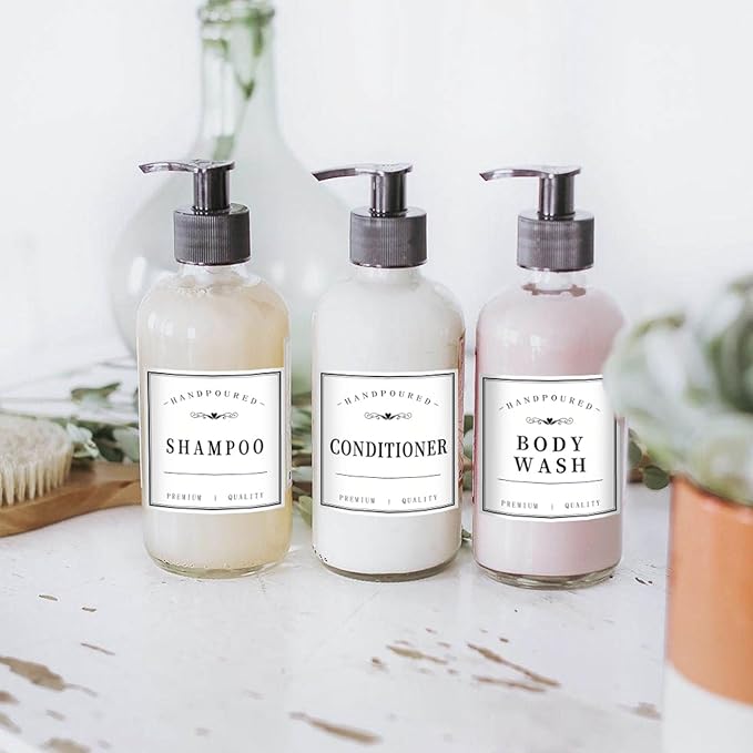 HVSWLY 12PCS Bathroom Labels for Bottles,Minimalist Bathroom Organization Labels,Waterproof Bottle Labels for Shampoo Conditioner Body Wash(White)