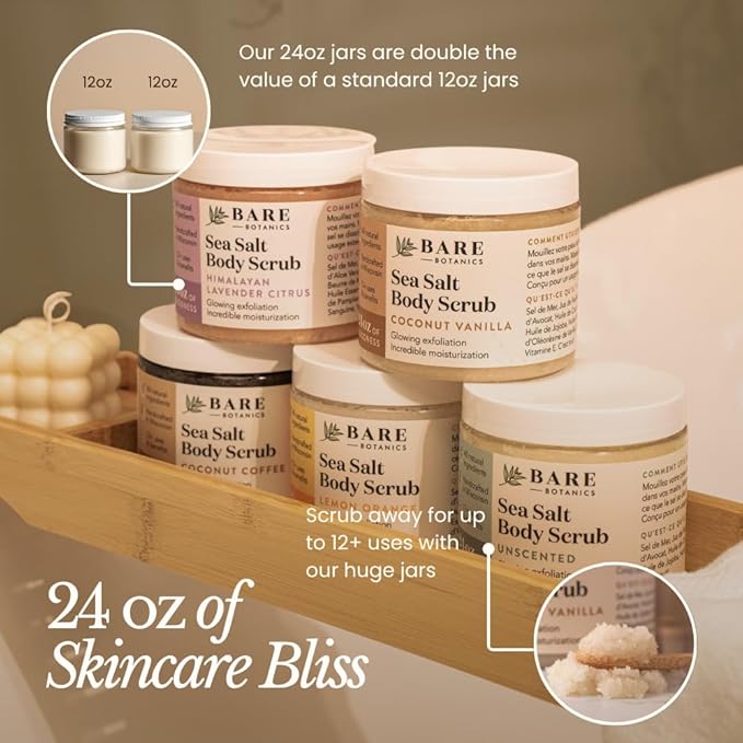 Bare Botanics 24oz Lavender Citrus Himalayan Sea Salt Body Scrub | Non-toxic, Vegan & Cruelty-free | Made in Madison, WI | Full Body Exfoliator & Hydrating Moisturizer with a Cute Wooden Spoon