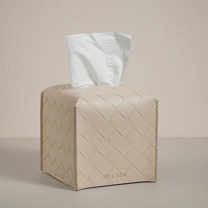 OLETHA Square Tissue Box Cover - Aesthetic Desk Decor for Room, Home & Office - Tissues Cube Boxes Holder - Woven Textured, Light Taupe, Set of 2