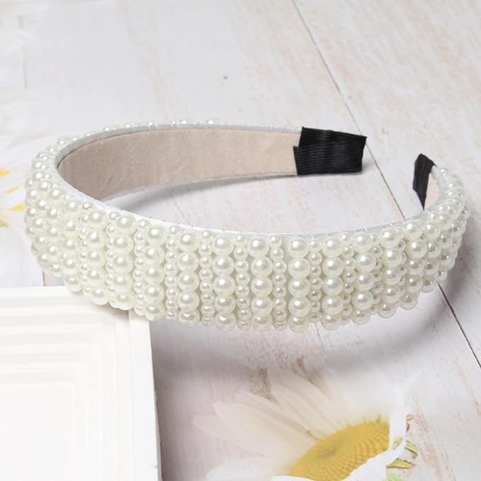 Cuizhiyu Pearl Headbands for Women Girls Wide Padded Straw Headband Cute White Pearl Dainty Headbands Bling Wedding Hairbands Hair Accessories Pack of 5 (Color B)