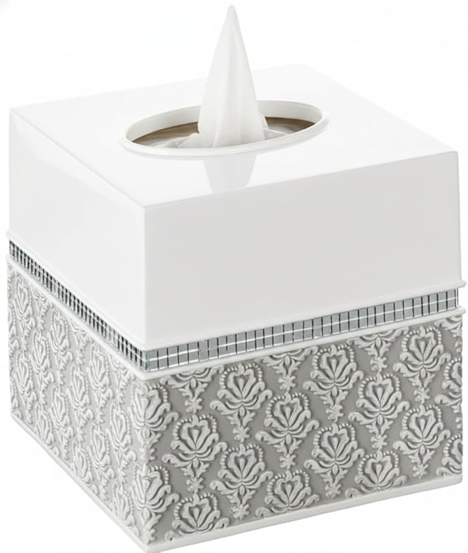 Mirror Damask White & Gray Square Resin Tissue Box Cover with Bottom Slider