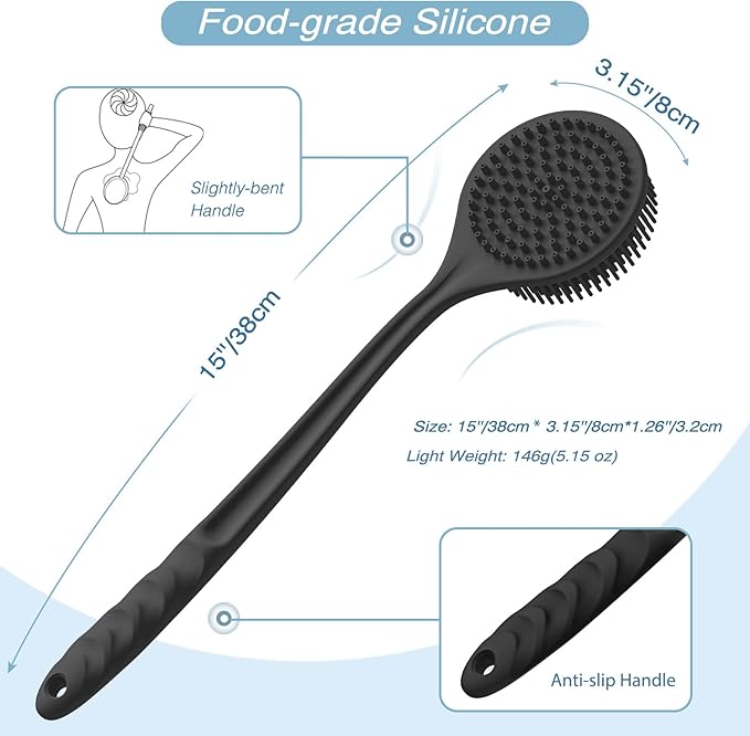 Manmihealth Silicone Back Scrubber & Shower Brush Set Thin Bristles Black