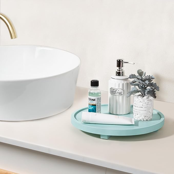 Round Decorative Tray Farmhouse Kitchen Decor Soap Dish, 12" Light Blue