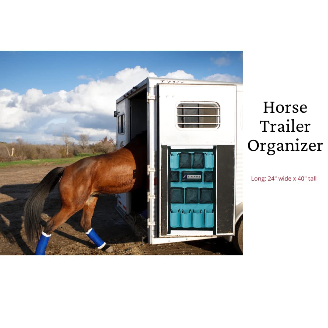 FITLANCE Equine Long Trailer Door Caddy – Horse Trailer Grooming Bag with Pockets, Stall & Barn Organizer, Tack Room Storage, Hanging Hook & Loop Straps + Mounting Hardware Included(Teal)