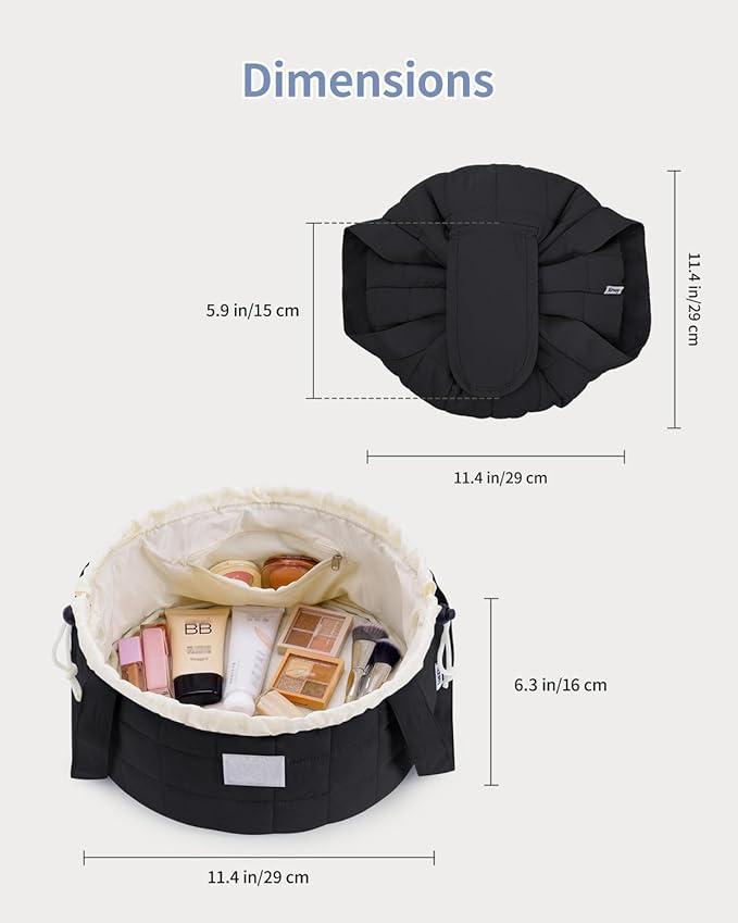 Narwey Lay Flat Open Drawstring Puffer Makeup Bag, Large Quilted Cosmetic Bag for Women Girls, Cute Make up Bags with Handle, Travel Toiletry Bag for Skincare, Brushes & Travel Essentials (Black)
