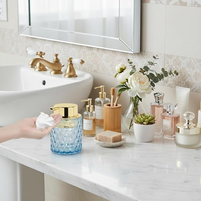 Fvstar 10 Oz Glass Hand Soap Dispenser with Pump, Refillable Bathroom Gold Foaming Soap Dispenser, Vintage Glass Diamond Lotion Container Bottle for Bathroom and Kitchen (2, Blue and Gold)