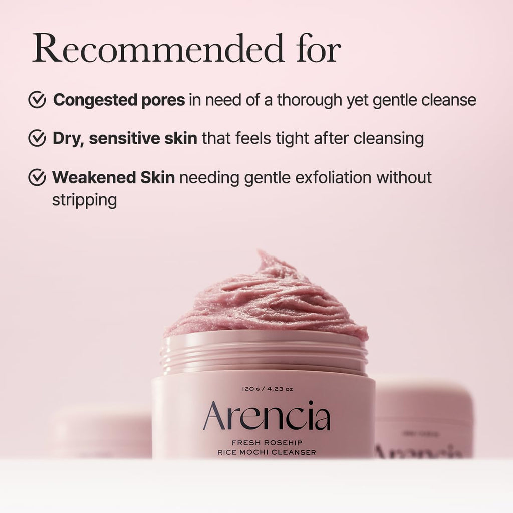 Arencia Rosehip Rice Mochi Face Cleanser & Daily Scrub - Moisturizing, Exfoliating & Deep-Cleansing - All Skin Types with Rice Powder & Rice Water (4.23oz)