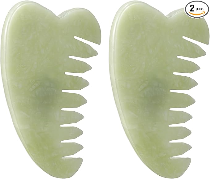 Geiserailie 2 Pcs Jade Combs Esthetician Supplies Massage Stone Hair Gua Sha Scraping Scalp Comb Facial Massage Tool Handheld Head Tools Head Caring Therapy Mother's Day for Women(Heart Style)