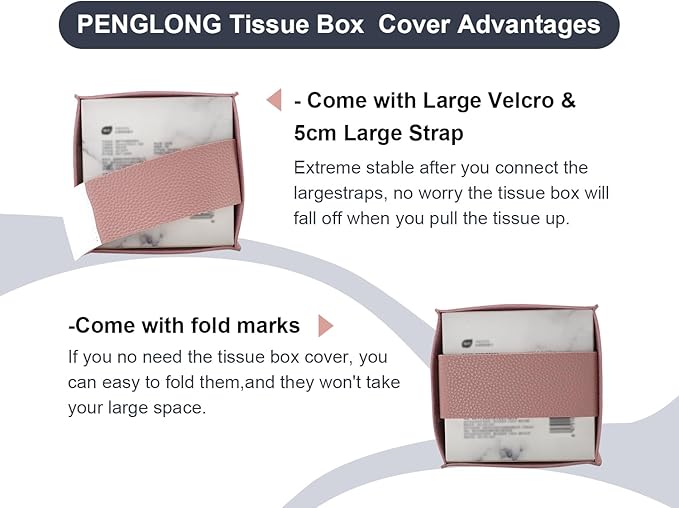 PENGLONG Tissue Box Cover 5X5X5'' PU Leather Tissue Holder Square Tissue Cube Box Organizer for Bathroom Vanity Countertop, Car, Night Stands, Office, Home, Kitchen (2Pack, Pretty Pink)
