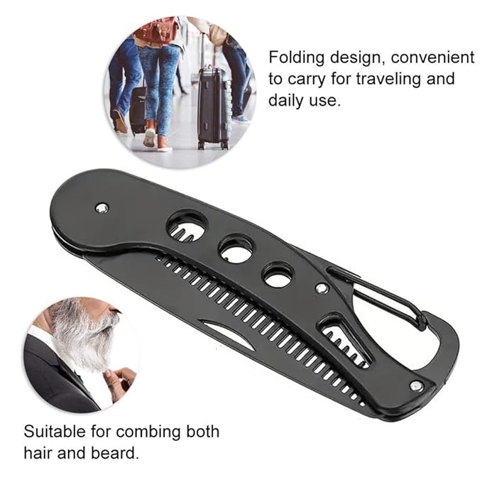 JinZeFa Stainless Steel Folding Beard Comb, Portable Multifunction Anti Static Comb for Men Mustache Styling