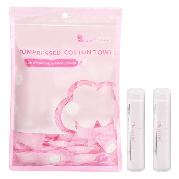 Classycoo Compressed Towel 120 PCS with 2 Carrying Cases,Disposable Mini Tablets Portable Face Towel Cotton Coin Tissue for Travel, Camping, Hiking, Sport, Home Hand Wipes, Outdoor Activities (Pink)