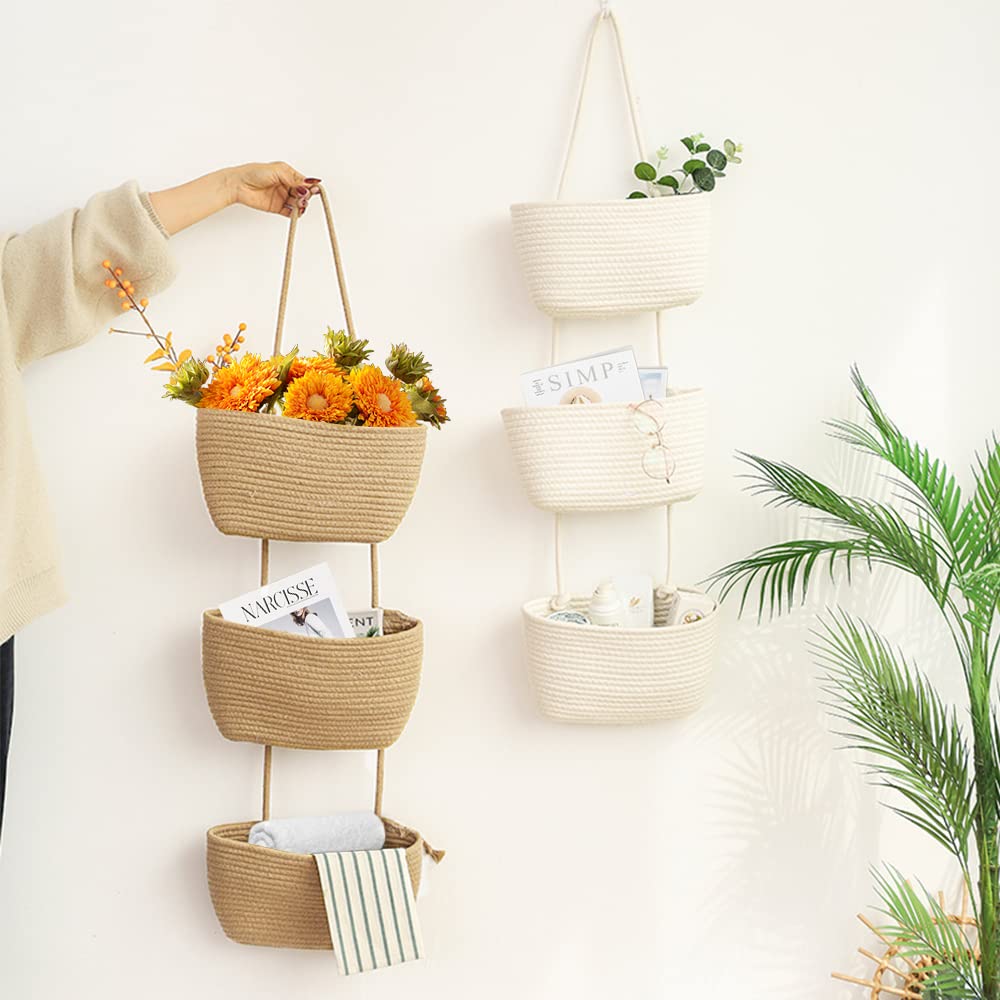 TeoKJ Over the Door Hanging Basket, 3-Tier Woven Cotton Wall-Mounted Storage Organizer Bag Decorative Hanging Nursery Baskets, White