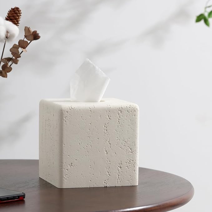 Haocoott Tissue Box Cover Square, Resin Facial Tissue Holder Covers Toilet Paper Holder Decorative Travertine Paper Dispenser Home Decor for Bathroom Bedroom Living Room Office (Off White)
