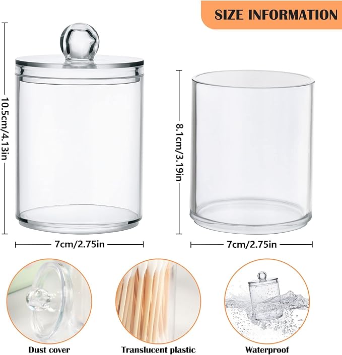 White Qtip Holder Organizer Dispenser Cotton Swabs Cans Plastic Jars with Lid Set 4 Pack Bathroom Storage Canister for Cotton Ball Floss Cotton Pads