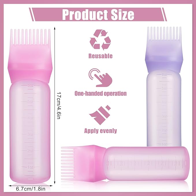 Pimoys 2 Pack Root Comb Applicator Bottle 6 Ounce Oil Applicator for Hair Dye, Hair Oiling Applicator Brush with Graduated Scale, Pink and Purple