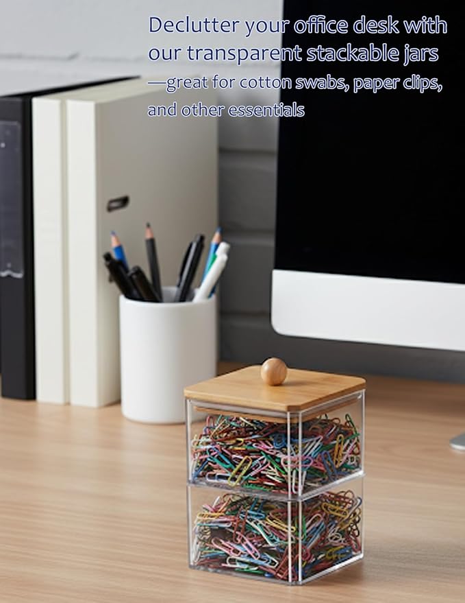 VIPTUVI Cotton Swab Holder with Bamboo Lid, Double Layer Stackable Apothecary Jar for Bathroom Vanity, Cotton Ball Container & Floss Pick Organizer, Dispenser for Hair Tie & Cotton Rounds.