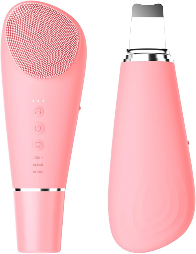 Stepcare Silicone Face Scrubber Blackhead Scraper Rechargeable 2-in-1 Facial Cleansing Brush & Skin Spatula Duo, IPX7 Waterproof Exfoliating Massager Deep Cleansing for Women and Men(Peachy Pink)