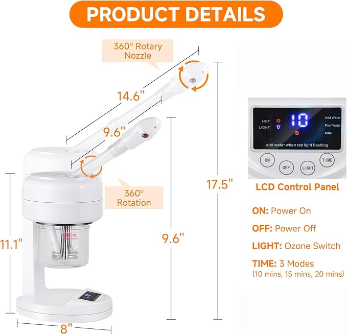 HeavenBird Nano Ionic Facial Steamer, Portable Face Steamer with LCD Screen, Extendable 360° Rotating Arm, Rotatable Nozzle, Hot Mist Function for Personal Care at Home or Salon