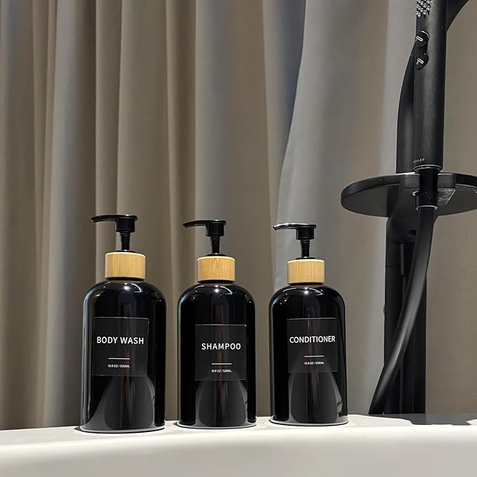 Shampoo and Conditioner Dispenser, Refillable Plastic Shampoo Pump Bottles with Waterproof Labels, Empty Body Wash Dispenser Set for Bathroom, Shower Soap Bottles (Black, Set of 3, 16.9oz)
