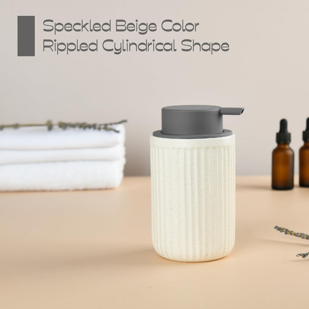 ABBI NIMO Beige Ceramic Foaming Soap Dispenser, Speckled Rippled 12 oz Bottle with Gray Silicone Pump, Foam Dispenser for Kitchen or Bathroom, Speckled Beige