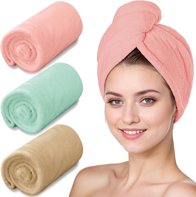 3 Pack Microfiber Hair Towel Wrap for Women, Fast Drying Hair Turban with Button, Anti-Frizz Large Hair Towel for All Hair Styles, Soft & Absorbent Hair Drying Towel (Pink, Khaki, Green)