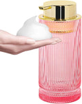 Tonxus Foaming Soap Dispenser, Pink Glass Foam Hand Soap Dispenser with Gold Pump, 14 Oz Bathroom Refillable Liquid Lotion Pump Ribbed Bottle Container for Kitchen Countertop Decor, 1