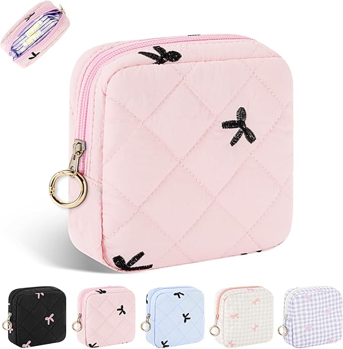 Playexen Period Bag for Teen Girls, Quilted Sanitary Napkin Storage Bag, Cute Bow Tie Menstrual Pad Pouch Tampon Holder (Pink)