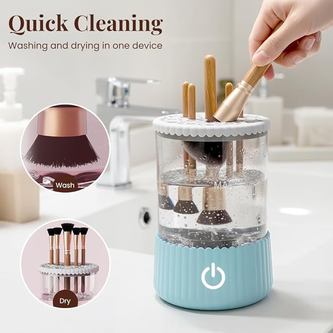 Electric Makeup Brush Cleaner Machine, Multi-Functional Cosmetic Brush Cleaner, Portable Automatic Makeup Brush Cleaning Solution With Dryer-Holder for All Brush Sizes (Blue)