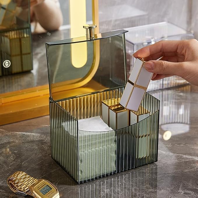WIWIUXY 2-Grid Cotton Swab Ball Qtip Holder Dispenser with Lid,Container Dispenser Box for Bathroom Home Storage Organization,Vanity Organizers and Storage