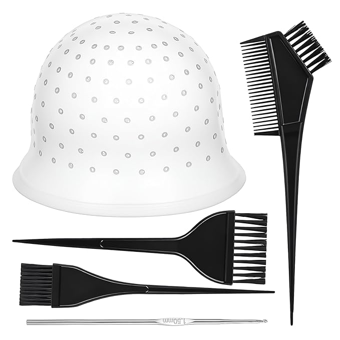 5PCS Highlighting Cap for Hair, Professional Silicone Hair Coloring Tools with Brushes Reusable Hairdressing Bleach Cap with Holes for Home Salon, Dye Accessories for Women Men