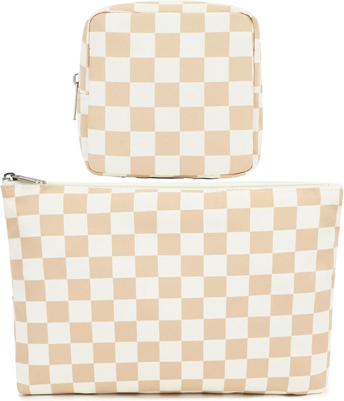 Fammart Checkered Makeup Bag, Travel Cosmetic Bag Organizer Toiletry Bag Make Up Bags with Zipper & Compartments for Women Girls, 2PCS