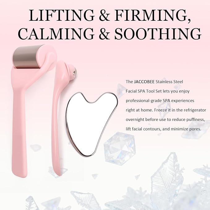 Ice Roller for Face&Eyes with Gua Sha Facial Tool, 3-Pcs Stainless Steel Facial Massage Tool Sets for Face Jawline Shaper, Double Chin Reducer, Puffiness Reducing, Lymphatic Drainage