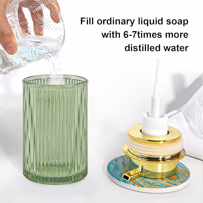 Tonxus Foaming Soap Dispenser, Bathroom Green Glass Foam Soap Dispenser, Refillable 12 Oz Foam Pump Bottle Container with Gold Pump, Decorative Slim Ribbed Dish Soap Dispenser for Kitchen