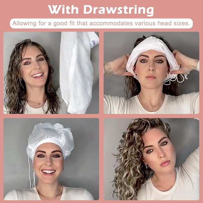 Net Plopping Cap for Drying Curly Hair, Adjustable Net Diffuser Cap Curly Hair, Hair Dryer Bonnet with Drawstring Hair Plopping Bonnet for Fast Drying(COLOR:white)