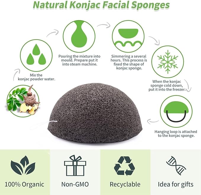 Konjac Face Sponges for Cleansing and Exfoliating, Konjac Facial Sponges for Washing Cleaning Face Body with Activated Charcoal, Natural Konjac Sponge Set for Oily Dry Sensitive Skin Skincare Tool