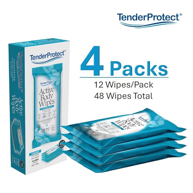 TenderProtect Active Body Wipes, XL Rinse-Free Shower Wipe for Adults, 9" x 12" Extra Large, Aloe, No Rinse Bath Wash Cloth - Gym, Sports, Travel, Camping, Elderly Care, Portable 12 Ct Packs (48 ct)