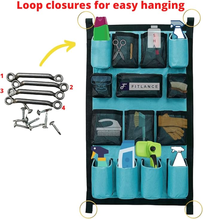 FITLANCE Equine Long Trailer Door Caddy – Horse Trailer Grooming Bag with Pockets, Stall & Barn Organizer, Tack Room Storage, Hanging Hook & Loop Straps + Mounting Hardware Included(Teal)