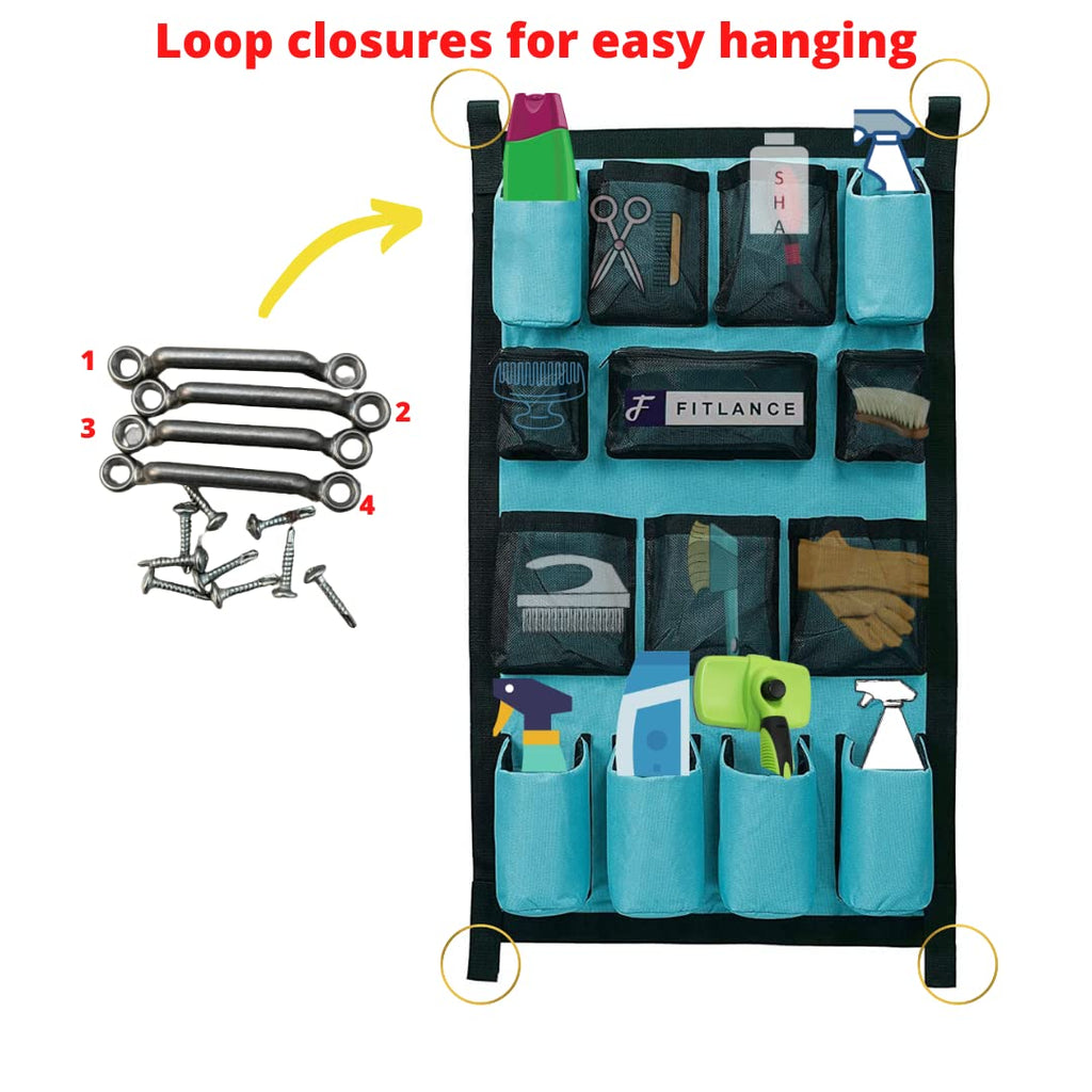 FITLANCE Equine Long Trailer Door Caddy – Horse Trailer Grooming Bag with Pockets, Stall & Barn Organizer, Tack Room Storage, Hanging Hook & Loop Straps + Mounting Hardware Included(Teal)