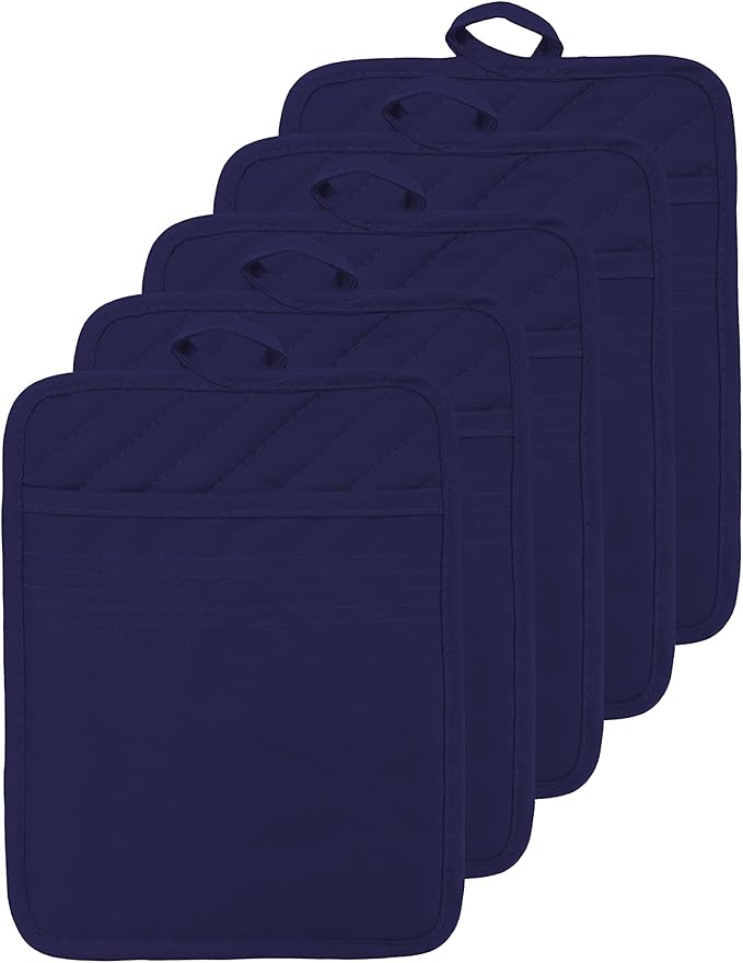 VEIKERY Oven Pot Holder with Pocket Cotton Heat Resistant Coaster Potholder Kitchen Hot Pad Oven Mitts for Cooking Square 7"x9"Set of 5 (Navy Blue)