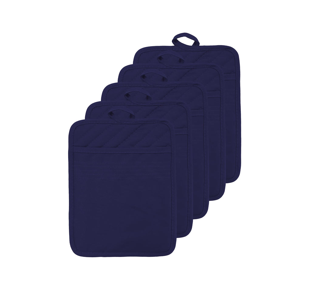 VEIKERY Oven Pot Holder with Pocket Cotton Heat Resistant Coaster Potholder Kitchen Hot Pad Oven Mitts for Cooking Square 7"x9"Set of 5 (Navy Blue)