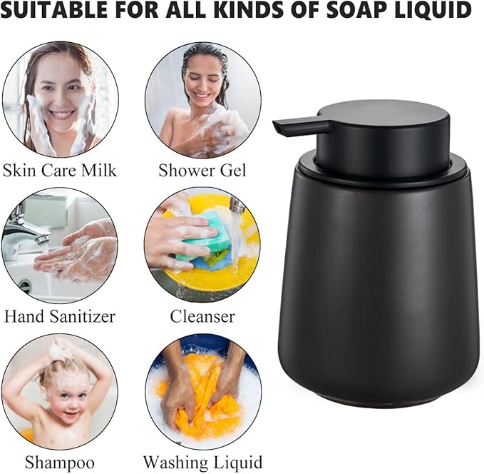 12Oz Hand Soap Dispenser Set - 2 Pack Ceramic Foam Soap Dispenser Set with Easy-to-Press Black Pump, Refillable Mordern Foaming Dish Soap Dispensers for Bathroom & Kitchen (Black, Foam Pump)