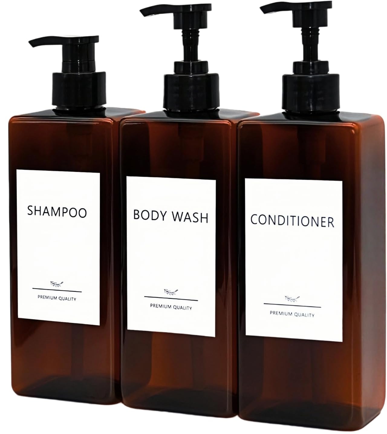 Shampoo and Conditioner Dispenser Set, 3Pack Refillable Shampoo and Conditioner Bottles with Labels, 500ml Soap Dispenser 16.9oz Shower Dispenser Square Pump Bottle for Bathroom and Kitchen - Amber