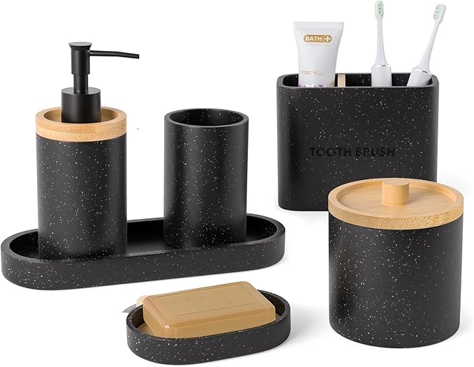 Bathroom Accessories Set Black, 6Pcs Bathroom Accessory Set, Large-Sized Toothbrush Holders Set Black, Soap Dispenser, Vanity Tray, Bathroom Tumbler, Apothecary Jars and a Soap Dish