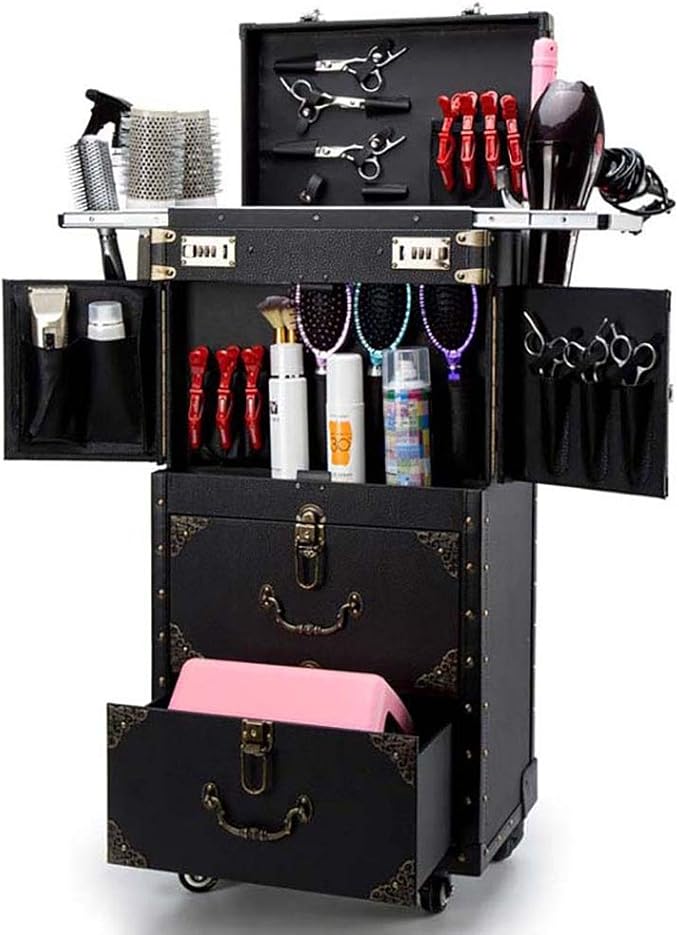 ASCASE Rolling Lockable Makeup Train Case Hairdressing Trolley Stylist Beauty Salon Cosmetic Luggage Travel Organizer Tool Box with Hair Dryer Holder