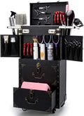 ASCASE Rolling Lockable Makeup Train Case Hairdressing Trolley Stylist Beauty Salon Cosmetic Luggage Travel Organizer Tool Box with Hair Dryer Holder