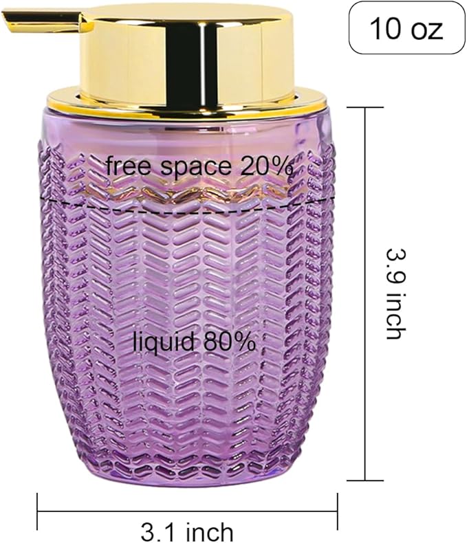 Purple Foaming Soap Dispenser, Glass Foam Hand Soap Dispenser with Gold Pump, Bathroom 10 Oz Refillable Liquid Lotion Pump Container Barrel Shape Bottle for Kitchen Countertop Decor