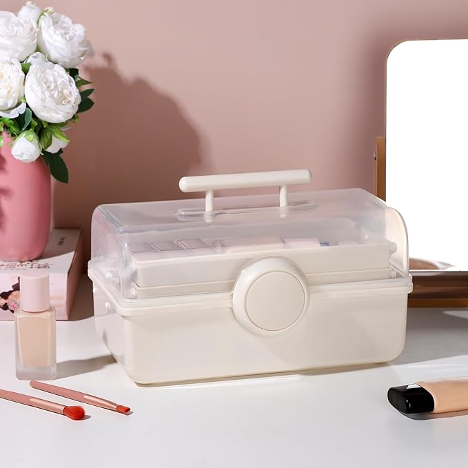 RAMFIYN Pink Makeup Storage, Pink Tackle box for Women with Handle. Cosmetic Storage Box Organizer, Portable 3 Layers Makeup Case for Home