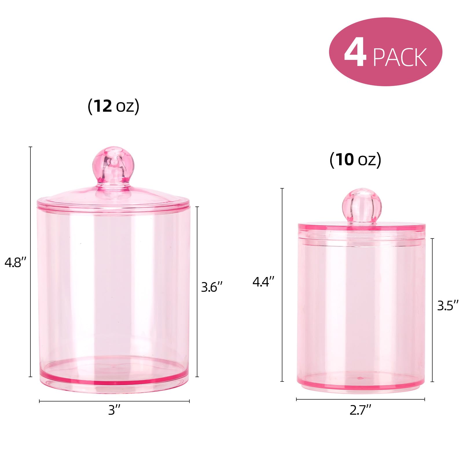 Tbestmax 12 oz & 10 oz Qtip Holder - 4 Pack Restroom Bathroom Organizers and Storage Containers, Pink Plastic Apothecary Jars with Lids for Cotton Swab, Cotton Round Pads, Floss