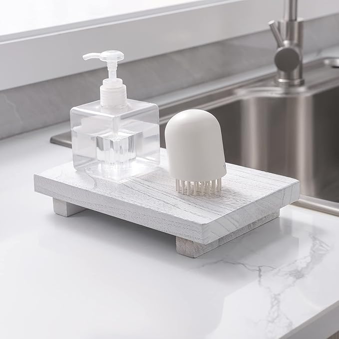 Wood Bathroom Tray Farmhouse Decor Kitchen Soap Holder, 9"x6" White